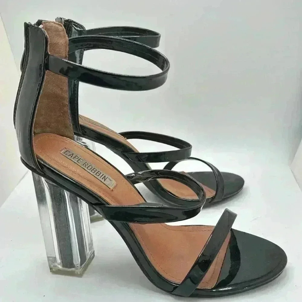 CAPE ROBBIN Maria black strappy glitter core block heel sandals - Picture 3 of 9